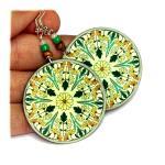 Wildflowers Ornament Earrings Dark green yellow rusty Round - decoupage earrings - double faced 