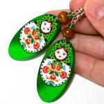 Matryoshka Russian doll Earrings - decoupage earrings - brown orange - double faced