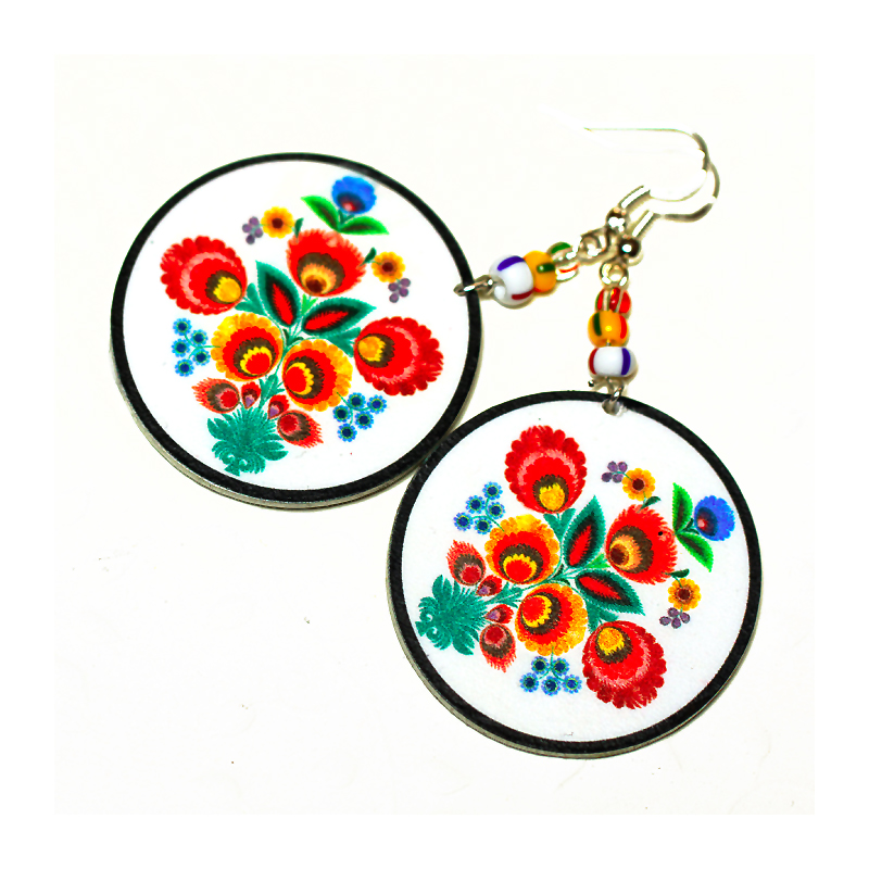 Folk Flowers polish folk art motif Earrings - Decoupage Earrings - white orange red yellow - double faced 
