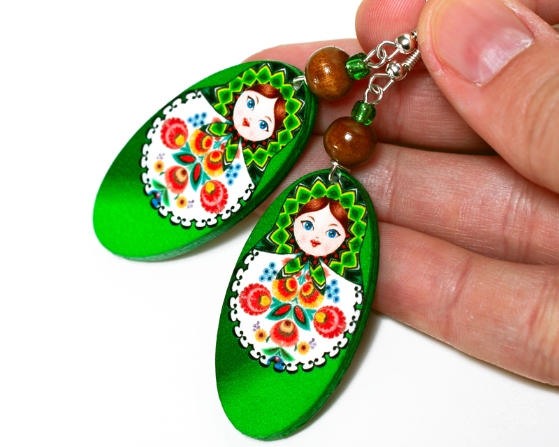 Matryoshka Russian doll Earrings - decoupage earrings - brown orange - double faced