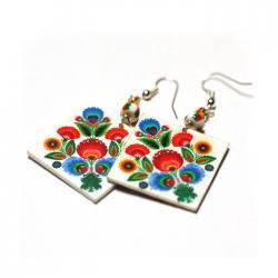 Rainbow Floral polish folk cut out motif Earrings - Decoupage Square Earrings - Colorful - double faced