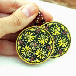 Mustard Yellow brown plant theme leaf Earrings - decoupage earrings - double faced 