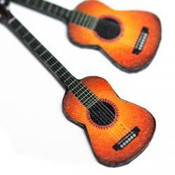 Guitar Earrings, Long dangle - decoupage earrings - brown orange - double faced 