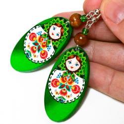 Matryoshka Russian doll Earrings - decoupage earrings - brown orange - double faced