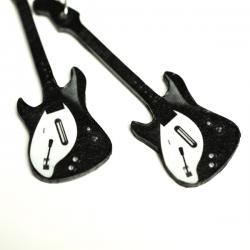 Guitar Earrings, Long dangle - decoupage earrings - Black & White - double faced